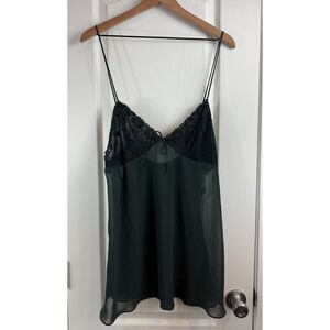 Vintage Val Mode Green Black Lace Sheer Slip Gown Lingerie Women's L Large